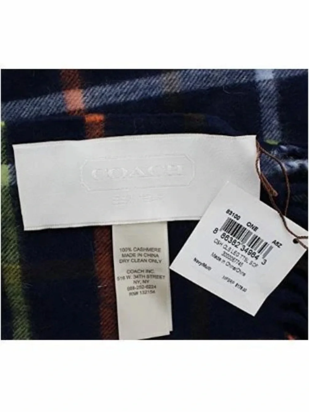 COACH LEGACY CASHMERE NECK WRAP, SCARF PLAID WITH FRINGE NAVY NWT